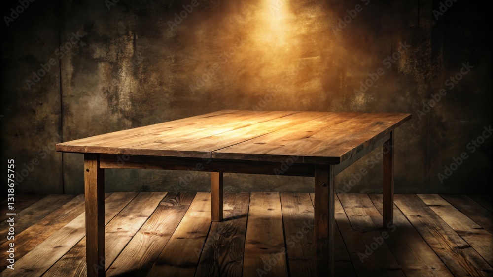 Poster a rustic wooden table in a dimly lit room with a soft, warm light shining down from above