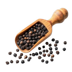 Black peppercorns in wooden scoop isolated on transparent background.