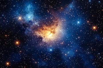 Starry sky with a yellowish spot in the middle. The stars are scattered all over the sky