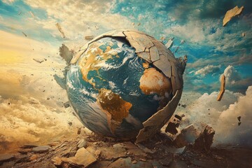 Earth shattered into numerous pieces, metaphorically capturing the essence of widespread global conflict and chaos.