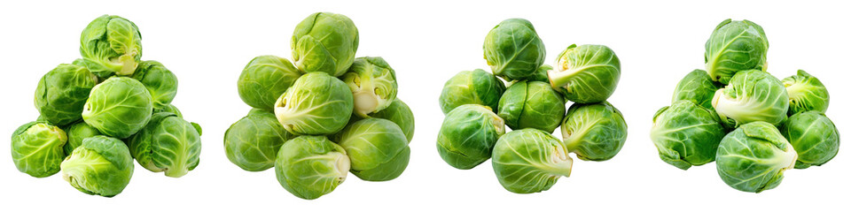 Four piles of fresh green Brussels sprouts isolated on transparency background