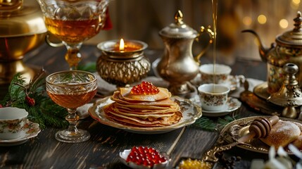 a table with snacks for Shrovetide. with pancakes, tea, honey, samovar and caviar