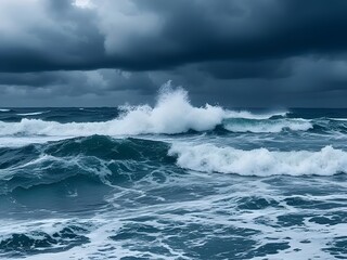 Dramatic Ocean Waves Crashing Against a Stormy Sky - Turbulent Sea, Rough Water, Weather, Nature Photography