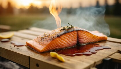 Barbecue salmon fillet on cedar plank, infused with wood-smoked flavors for a gourmet outdoor feast