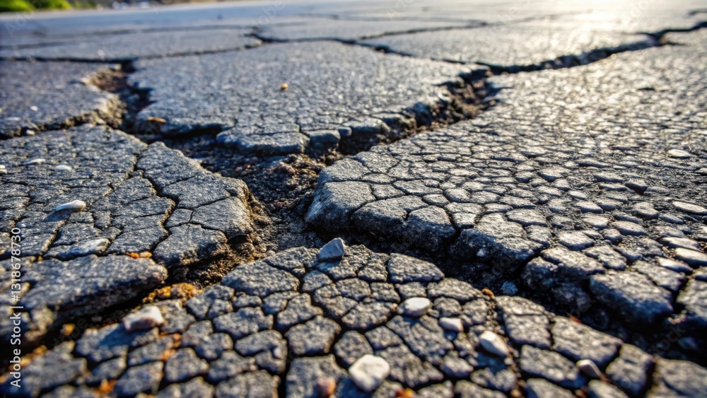 Aufkleber a close-up of an asphalt road with cracks, revealing the underlying structure of the pavement.