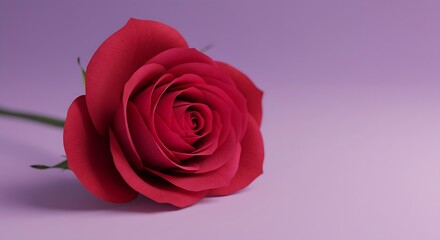 Fototapeta premium A single blooming rose with delicate petals resting on a soft purple gradient.