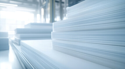 a close up image of a mattress manufacturing operation with stacks of the freshest mattresses.