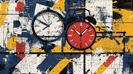 Abstract Clocks Featuring Red and Black Timepieces Against a Colorful Textured Background