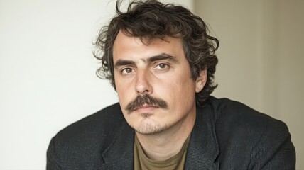 Obraz premium Portrait of a Man with Curly Brown Hair and Mustache
