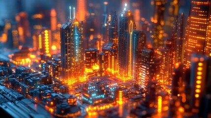Fototapeta premium Vibrant futuristic cityscape illuminated at night with glowing skyscrapers and bustling streets