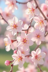 Fototapeta premium Delicate White and Pink Cherry Blossom Flowers in Full Bloom, Illuminated by Soft Sunlight