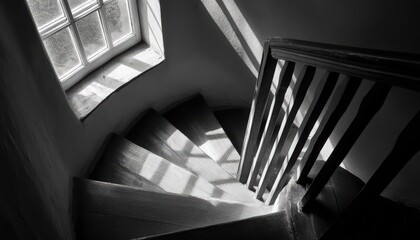 Sunlight Through Window Illuminates Spiral Staircase in Black and White