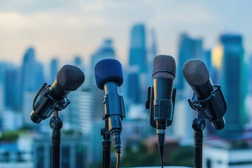 Microphones set against a cityscape, ready for a press conference, capturing the essence of public communication and media interaction.