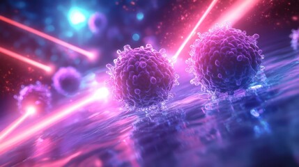 Multiple laser beams converge on cancer cells, emphasizing advancements in precise oncology treatments.