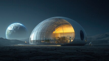 Obraz premium A highly detailed and cinematic digital painting depicting a magnificent futuristic domed architecture structure situated on an alien planet