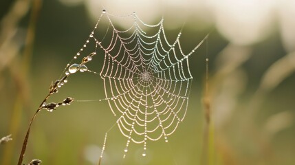 A beautiful spiderweb adorned with dew drops, showcasing nature s artistry and captivating geometry