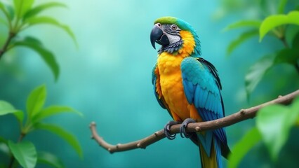 Obraz premium Vibrant Blue and Gold Macaw Perched on a Branch Amidst Lush Green Foliage