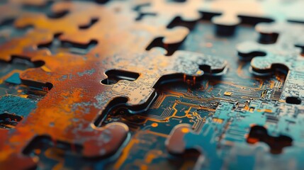 Puzzle pieces with circuit patterns, representing the integration of microservices in technology and system design.