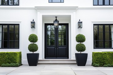 A chic and modern entrance showcases sophisticated greenery beautifully complemented by a striking black door, adding flair to this contemporary residence