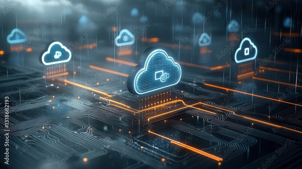 Poster cutting edge futuristic cloud computing scene with digital data infrastructure and advanced technolo