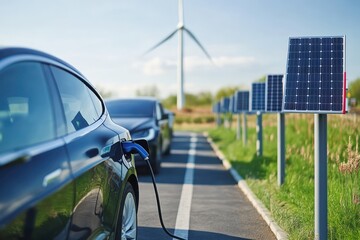 Renewable energy sources powering an electric car charging station, depicted with solar panels and a wind turbine in the background.