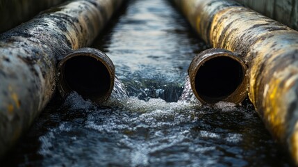 Sewer pipes with flowing water, captured in a way that emphasizes the essential infrastructure of urban sanitation.