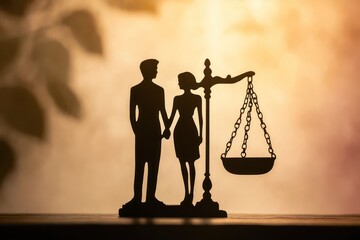 Silhouettes of a couple balanced against the backdrop of the scales of justice, depicting the harmony sought through family law.