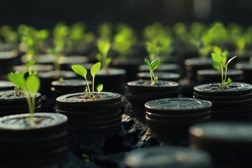 Stacks of coins sprouting green plants, visually representing financial growth through sustainable investments.