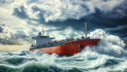 Large cargo ship sailing in rough sea during storm