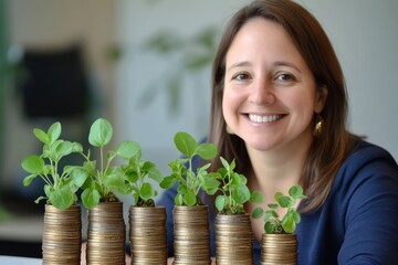 Stacks of coins sprouting green plants, visually representing financial growth through sustainable investments.