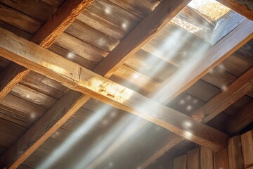 Sunlight streaming through a wooden framework, symbolizing the natural drying process in structural water damage recovery.