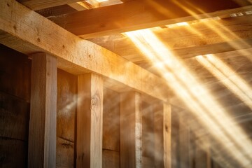 Sunlight streaming through a wooden framework, symbolizing the natural drying process in structural water damage recovery.