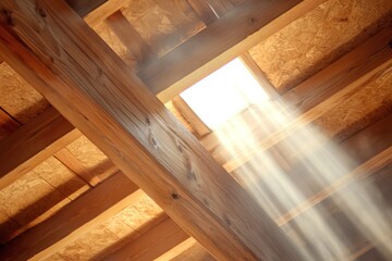 Sunlight streaming through a wooden framework, symbolizing the natural drying process in structural water damage recovery.