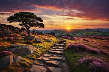 Beckoning beholder to meander amidst a meandering trail that meanders through resplendent North Yorkshire Moors, bedecked in a regal tapestry of purple weather