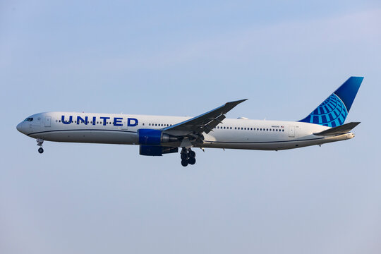 Berlin, Germany - June 8, 2024: United Airlines landing early morning in Berlin with a Boeing 767-400 longhaul airplane