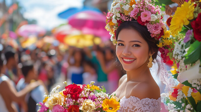 Santacruzan, a procession filled with joyous devotion, Reyna Elena adorned with a crown of fresh flowers, Emperor Constantine in royal regalia, floral arches in hues of pink, red, and yellow