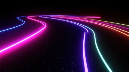 Abstract colorful neon light trails on dark background.
