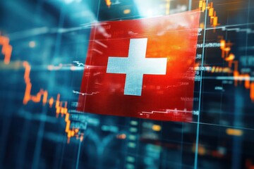 The Swiss flag overlaying financial graphs, illustrating Switzerland's stable and robust financial market.