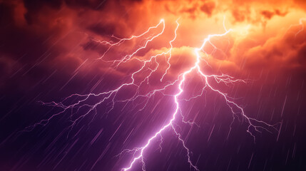 Stormy sky with a bright orange and purple lightning bolt. The sky is dark and the lightning bolt is very bright, illuminating the entire scene. The rain is pouring down, creating a sense of urgency