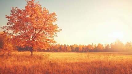 Fototapeta premium Single Orange Tree in Autumn Field at Sunset
