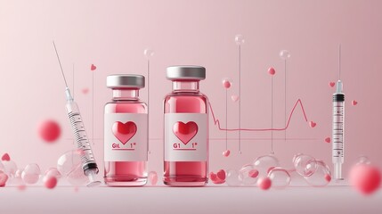 Vials labeled GLP-1 with syringes, heart icon, and growth chart symbolize hormone therapy benefits.