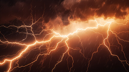 Stormy sky with lightning bolts and rain. Scene is intense and dramatic