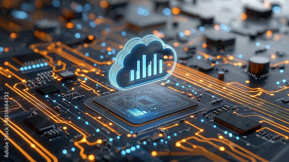 Poster futuristic ai powered digital composition featuring cloud computing data analytics and financial tec