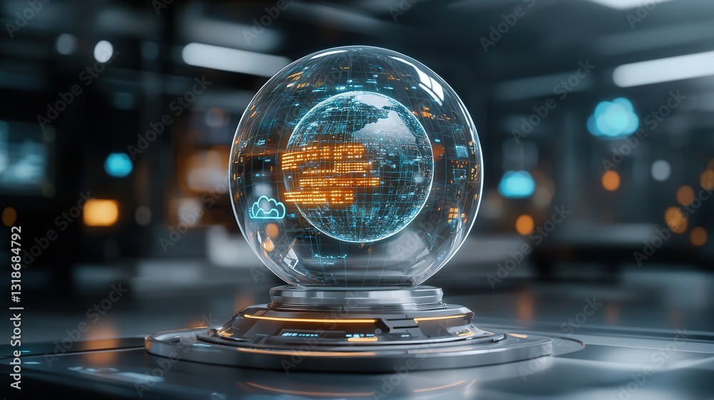 Poster futuristic and elegant transparent holographic sphere displaying digital information data or technol