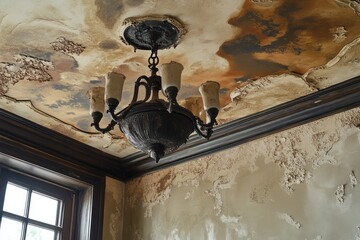 Water damage shown through peeling paint and stains on a ceiling, underscoring the need for timely maintenance and repair.