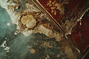 Water damage shown through peeling paint and stains on a ceiling, underscoring the need for timely maintenance and repair.