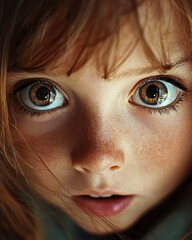Fototapeta premium Curious Girl with Big Eyes Engagingly Gazing at the Viewer, Captivating Expression, Intriguing Atmosphere, Enchanting Details