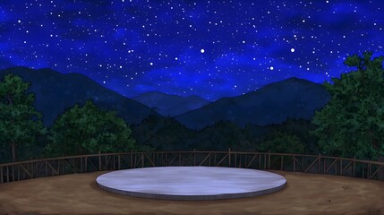 Starry Night Sky Over a Mountain Landscape with a Wooden Platform in the Foreground