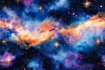 Painting of a starry night sky with a blue and orange swirl. The painting is of a galaxy with stars and a nebula