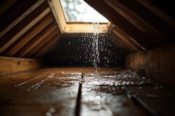 Water leaking from a rooftop into an attic, a stark reminder of the risks of water damage and the importance of maintenance.